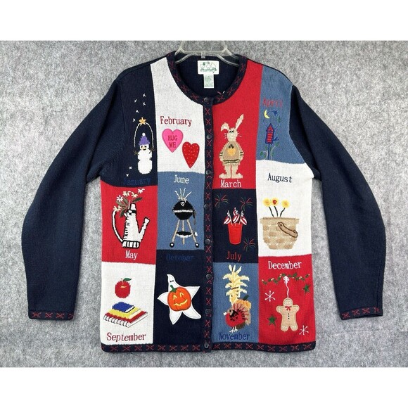 VTG Fall Cardigan Sweater Stitched Knit Months Pumpkin Ghost Grandma Teacher M - Picture 1 of 9